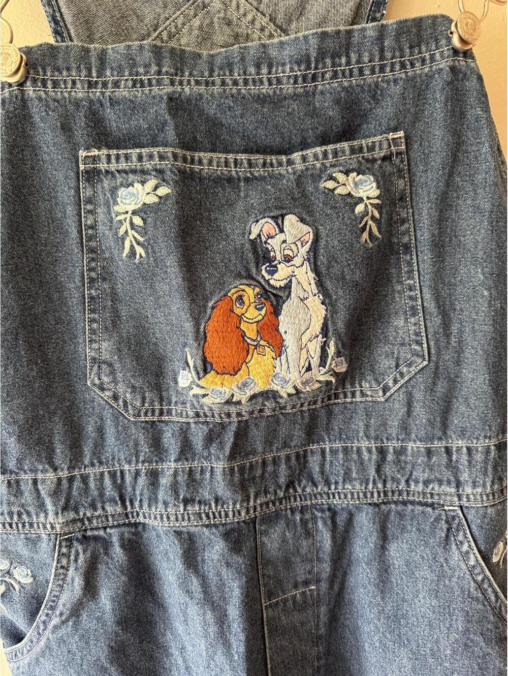 Vintage 90s Disney Lady and the Tramp Embroidered Denim Overalls Shorts Womens - Picture 2 of 3